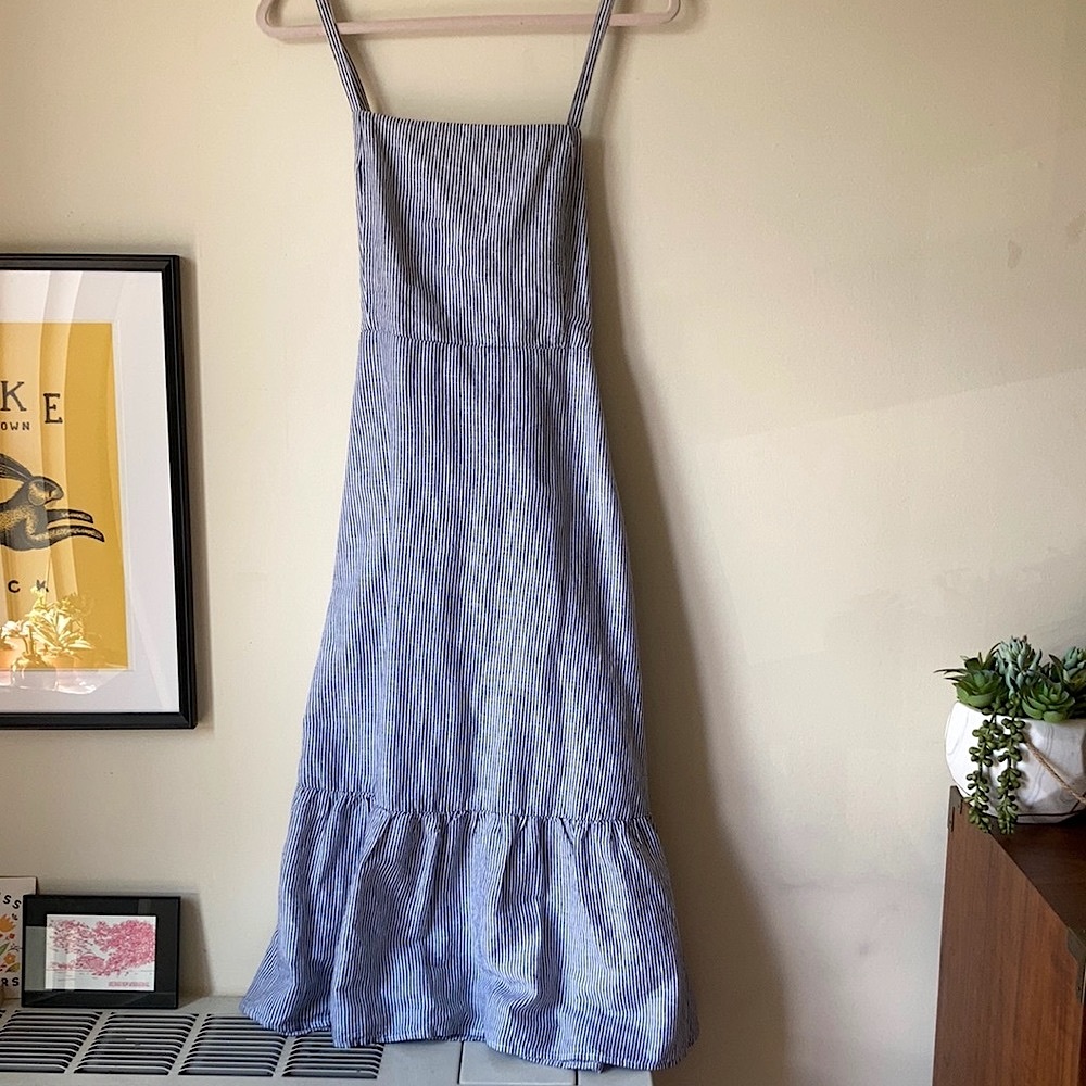 Gap Blue Striped Ruffle Apron Midi Dress